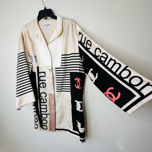NWT Chanel 100% Silk Ecru Multi-Color Chanel Logo Jacket 42 / L - Picture 1 of 16